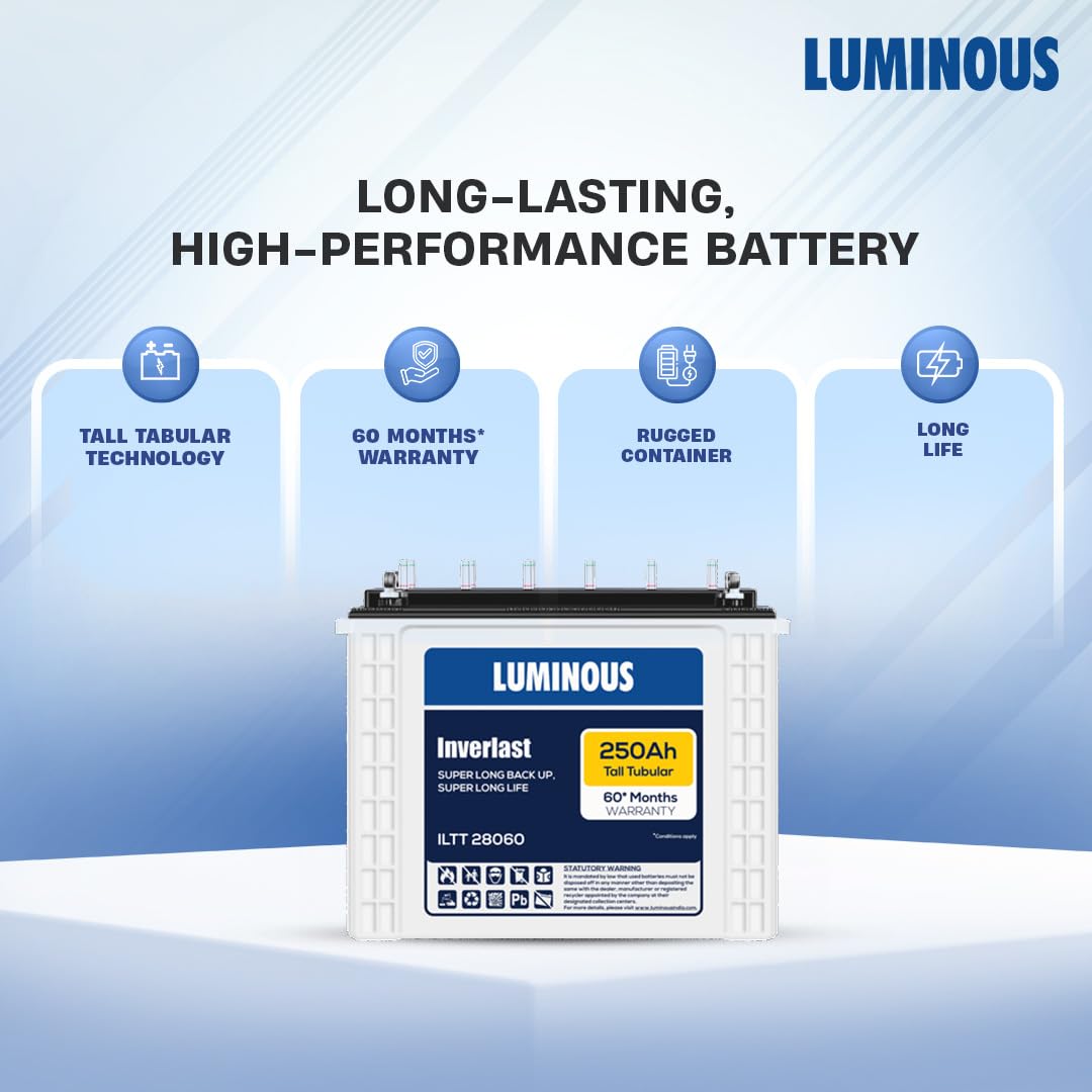 Luminous Inverter & Battery Combo (Hercules 1500 Pure Sine Wave 1400VA/12V Inverter with ILTT28060 Tall Tubular 250Ah Battery) for Home, Office & Shops
