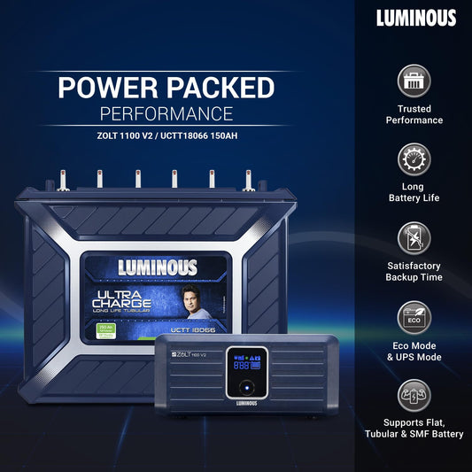 Luminous Inverter & Battery Combo (Zolt 1100 Pure Sine Wave 900VA/12V Inverter with UCTT 18066 Tall Tubular 150Ah Battery) for Home, Office & Shops