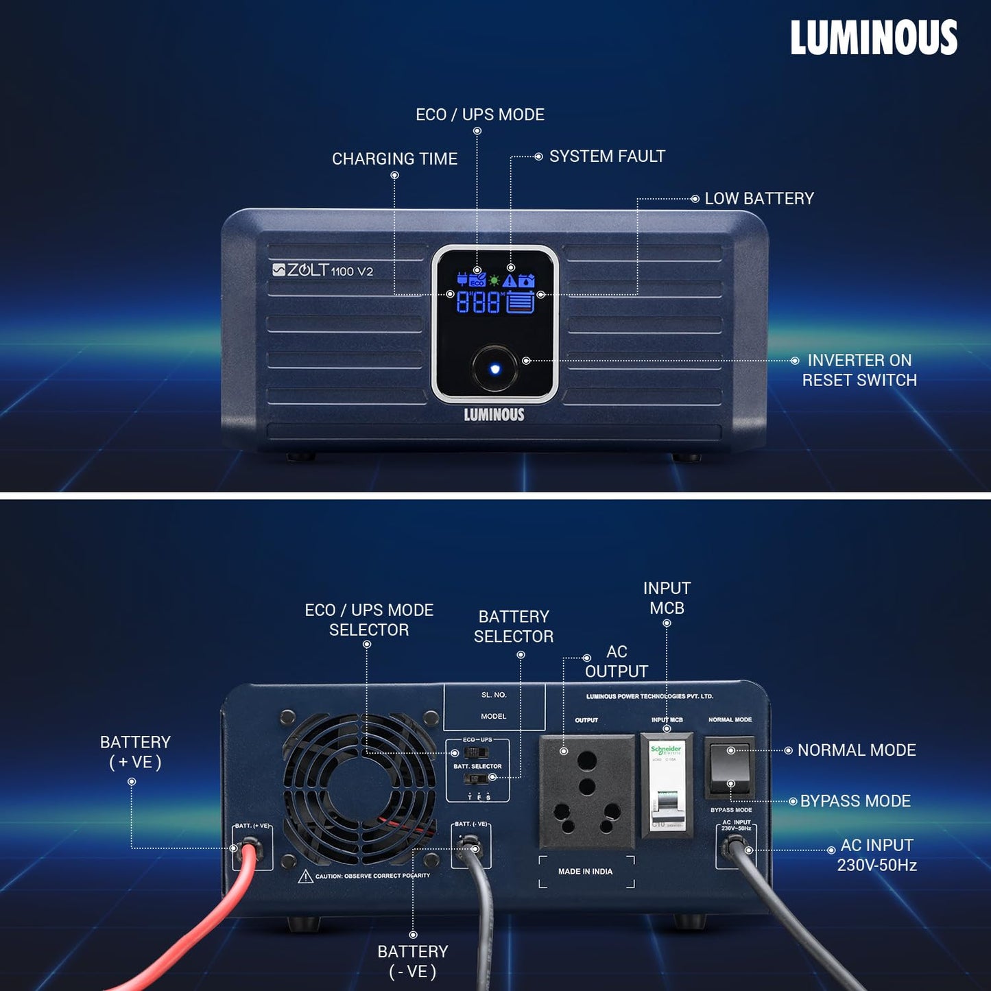 Luminous Inverter & Battery Combo (Zolt 1100 Pure Sine Wave 900VA/12V Inverter with UCTT 18066 Tall Tubular 150Ah Battery) for Home, Office & Shops