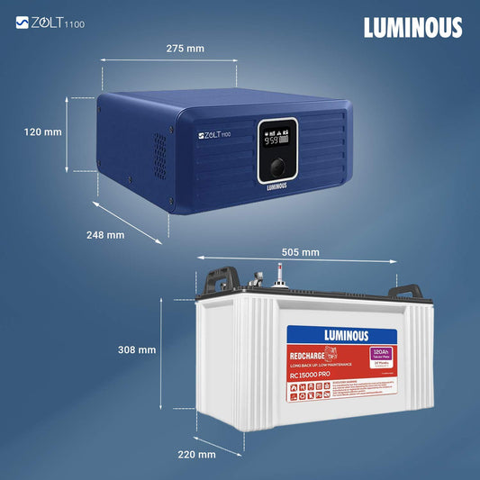 Luminous Inverter & Battery Combo (Zolt 1100 Pure Sine Wave 900VA/12V Inverter with Red Charge RC 15000PRO 120Ah Battery) for Home, Office & Shops