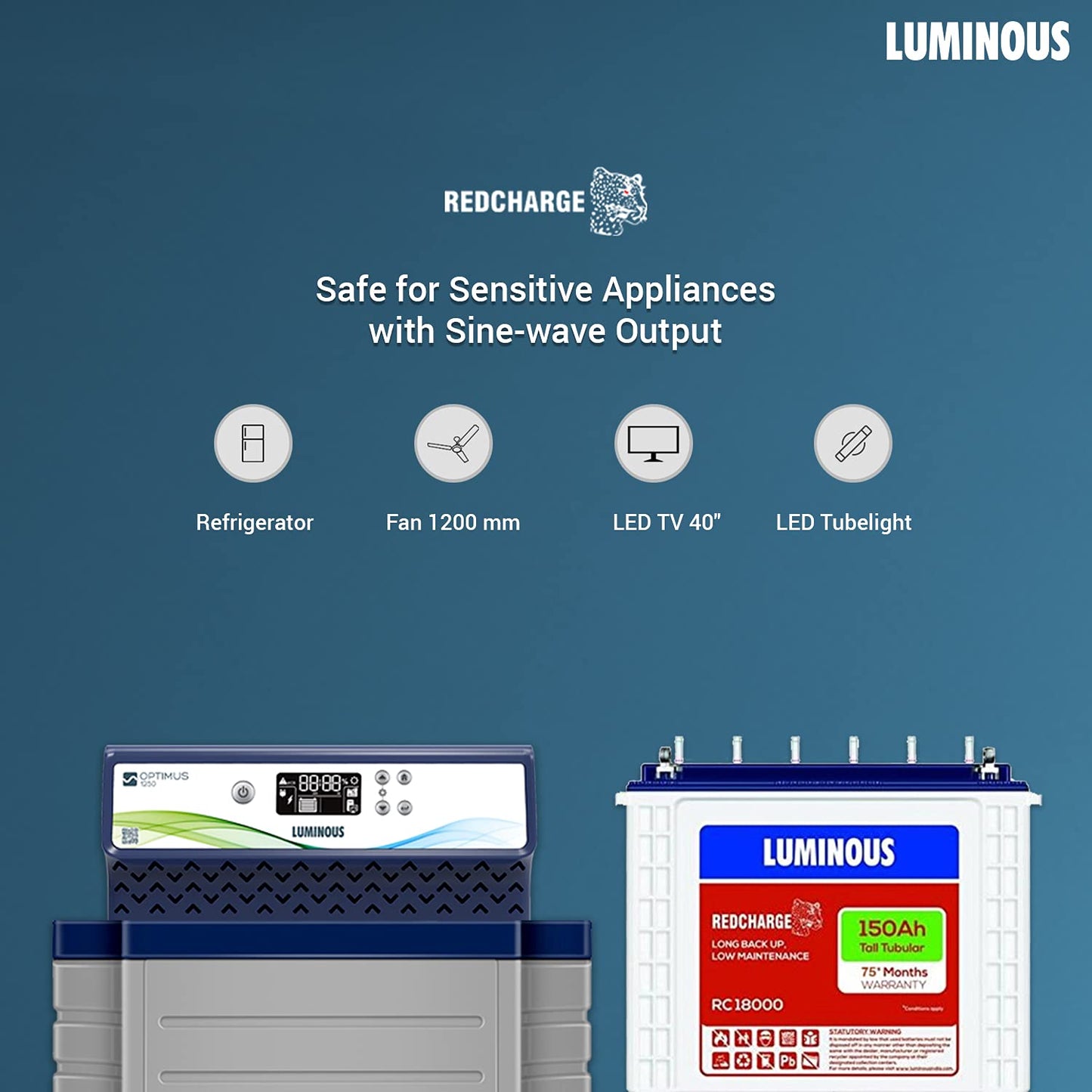 Luminous Inverter & Battery Combo with Trolley for Home, Office & Shops (Optimus 1250 Sine Wave Inverter, RC 18000 150 Ah Tall Tubular Battery & Trolley)