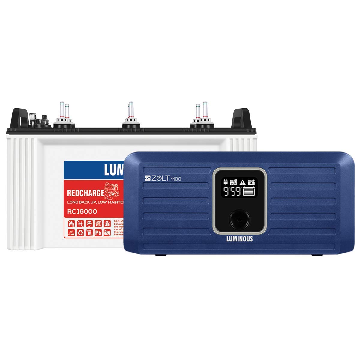 Luminous Inverter & Battery Combo for Home, Shop & Office – Zolt 1100 (900VA/12V) Pure Sine Wave Inverter + RC16000 135Ah Short Tubular Battery | 36M Warranty on Inverter & Battery