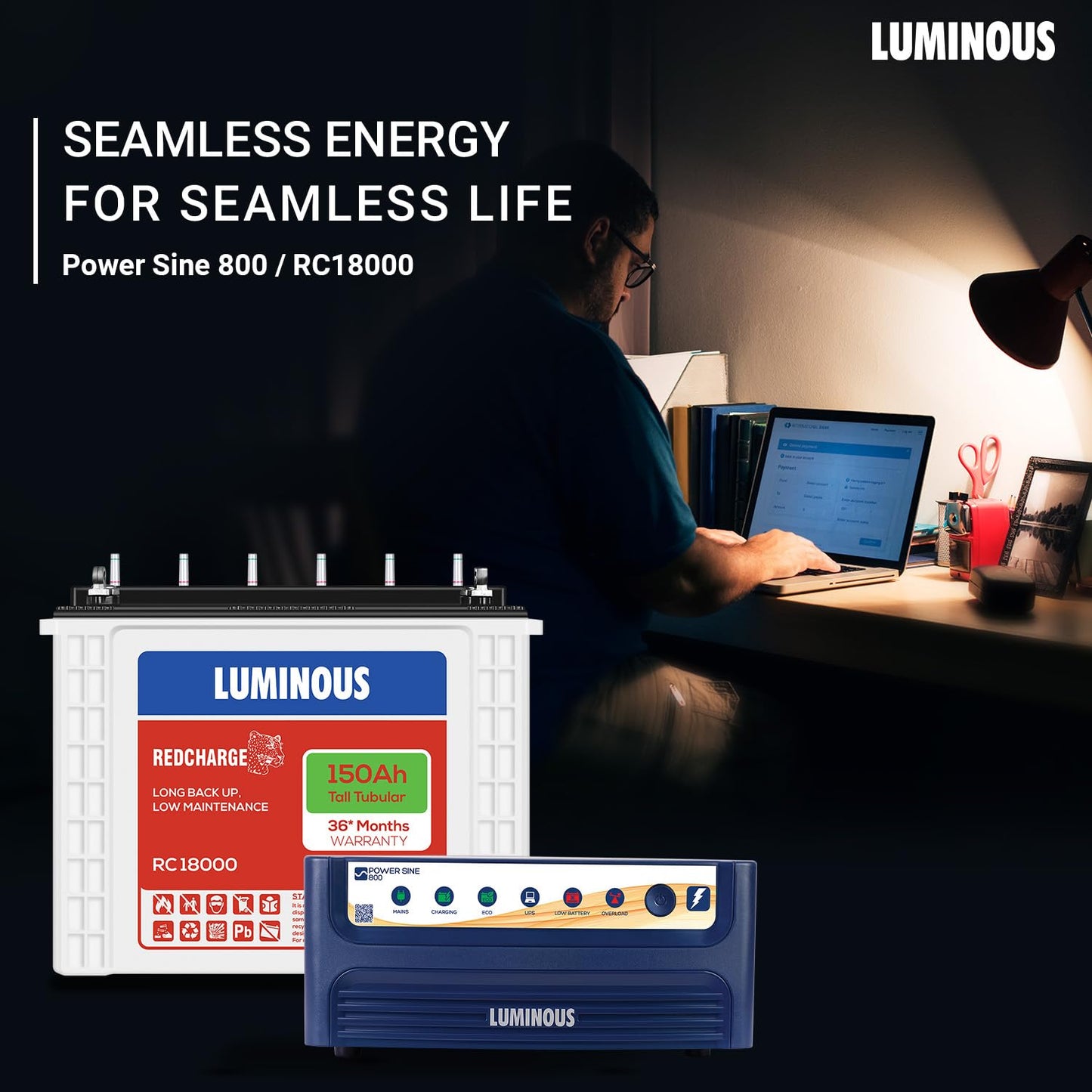 Luminous Inverter & Battery Combo (Power sine 800 Pure Sine Wave 700VA/12V Inverter with RC18000 Tall Tubular 150Ah Battery) for Home, Office & Shops