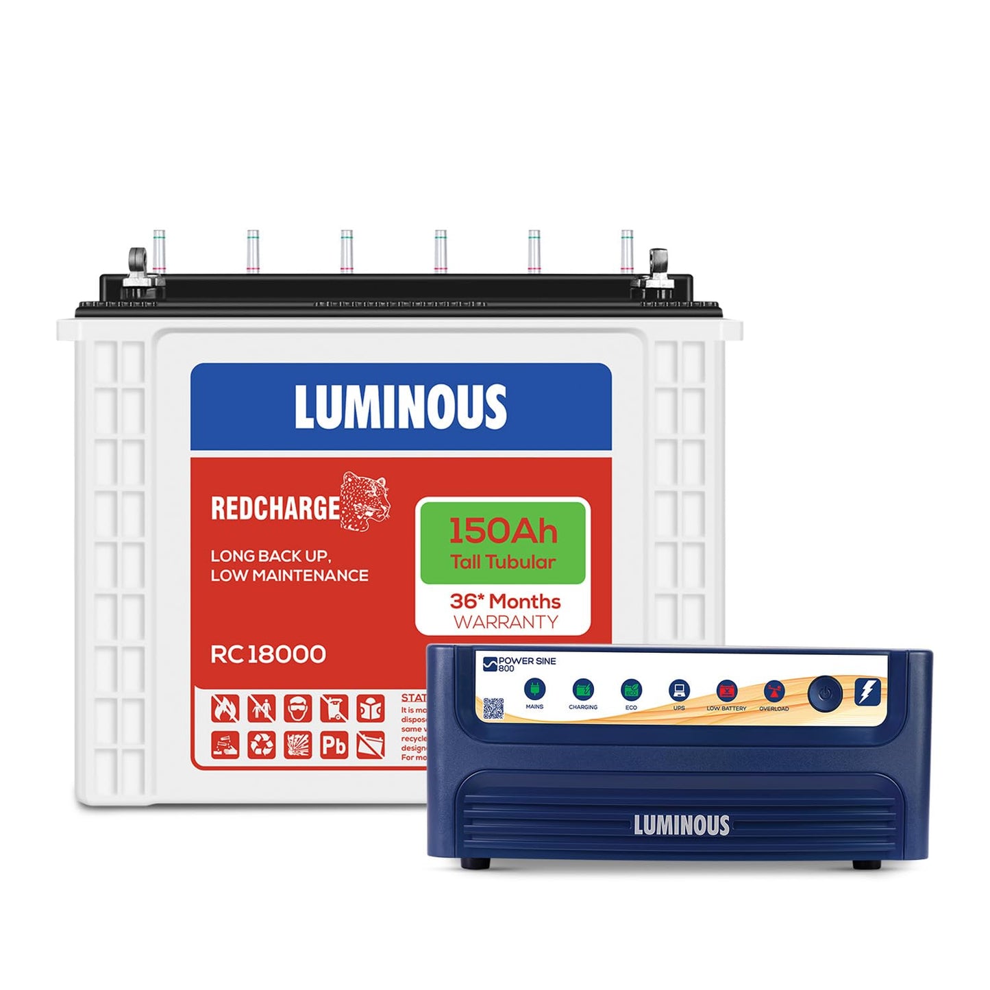 Luminous Inverter & Battery Combo (Power sine 800 Pure Sine Wave 700VA/12V Inverter with RC18000 Tall Tubular 150Ah Battery) for Home, Office & Shops