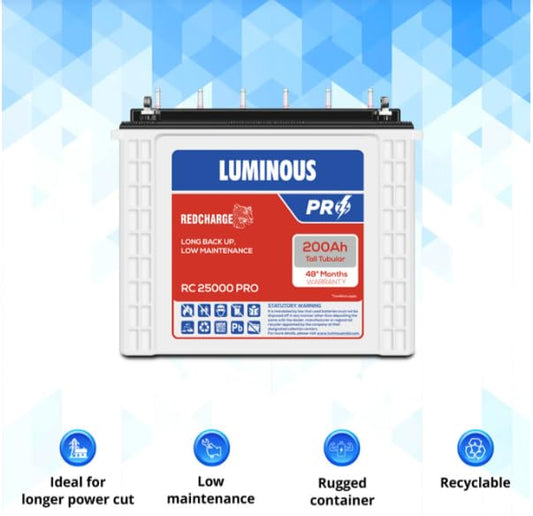 Luminous Inverter & Battery Combo (Icon 1100 Pure Sine Wave 900VA/12V Inverter with RC25000 PRO Tall Tubular 200Ah Battery) for Home, Office & Shops