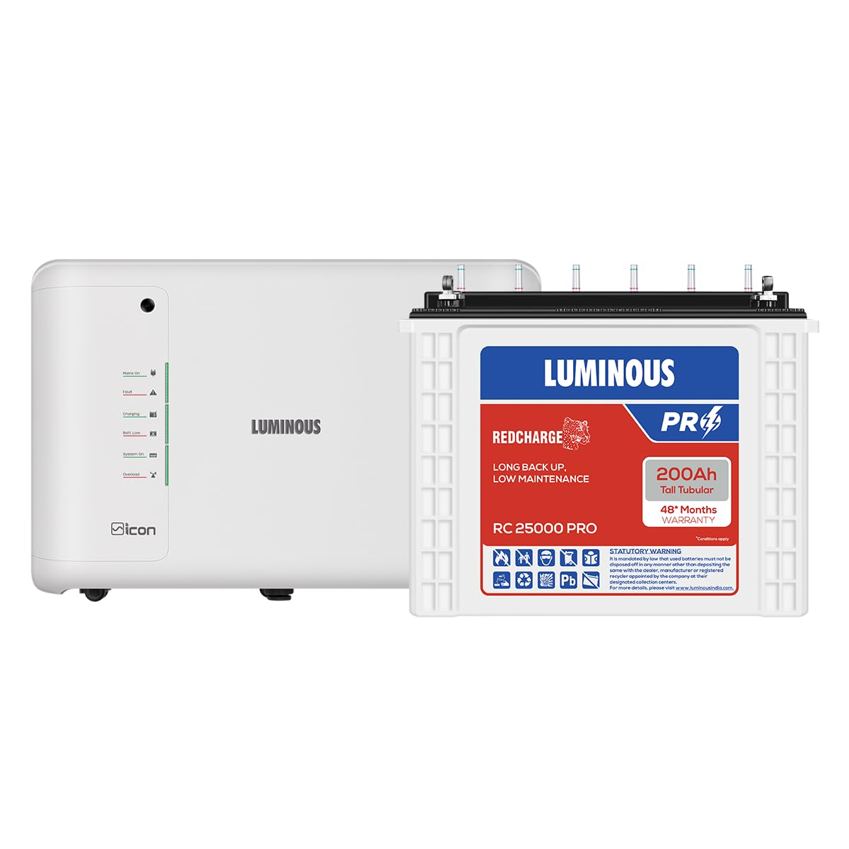 Luminous Inverter & Battery Combo (Icon 1100 Pure Sine Wave 900VA/12V Inverter with RC25000 PRO Tall Tubular 200Ah Battery) for Home, Office & Shops