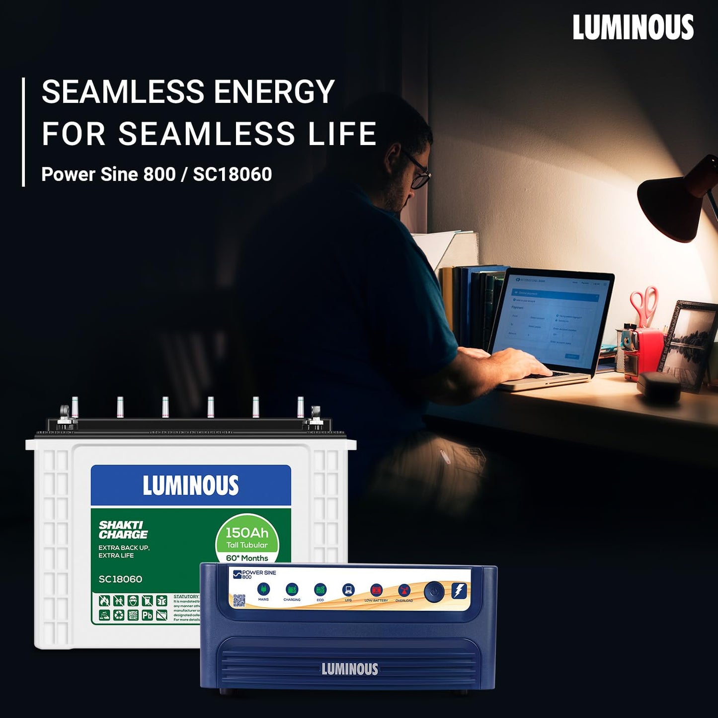 Luminous Inverter & Battery Combo (Power sine 800 Pure Sine Wave 700VA/12V Inverter with SC 18060 Tall Tubular 150Ah Battery) for Home, Office & Shops
