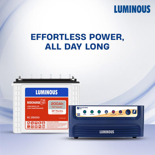 Luminous Inverter & Battery Combo for Home, Shop & Office – Power sine 1100 (900VA/12V) Pure Sine Wave Inverter + RC25000 200Ah Tall Tubular Battery | 36M Warranty on Inverter & Battery