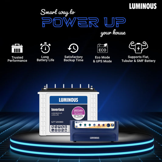 Luminous Inverter & Battery Combo (Power sine 1100 Pure Sine Wave 900VA/12V Inverter with ILTT20060 Tall Tubular 160Ah Battery) for Home, Office & Shops