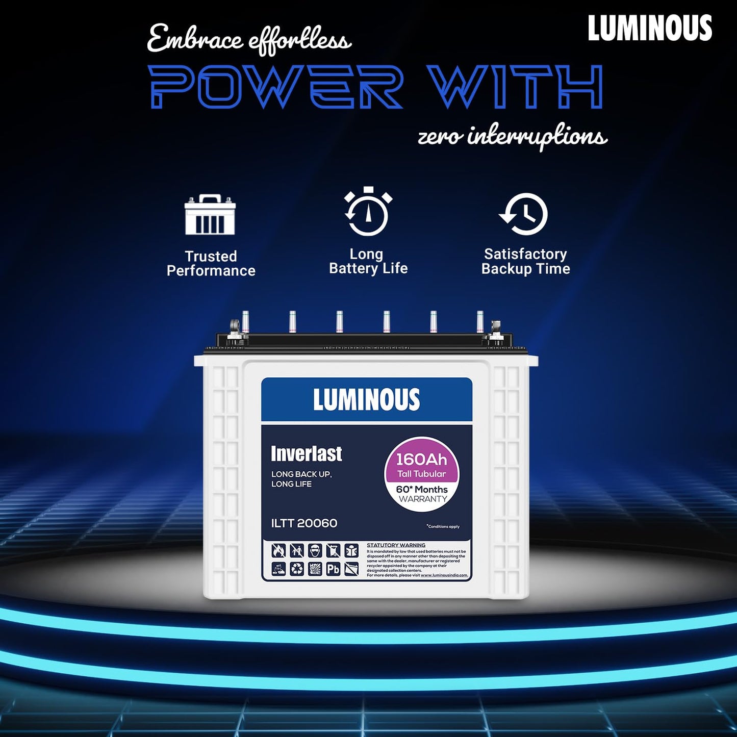 Luminous Inverter & Battery Combo (Power sine 1100 Pure Sine Wave 900VA/12V Inverter with ILTT20060 Tall Tubular 160Ah Battery) for Home, Office & Shops