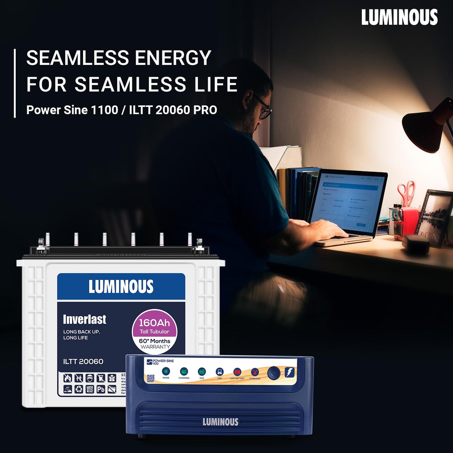 Luminous Inverter & Battery Combo (Power sine 1100 Pure Sine Wave 900VA/12V Inverter with ILTT20060 Tall Tubular 160Ah Battery) for Home, Office & Shops