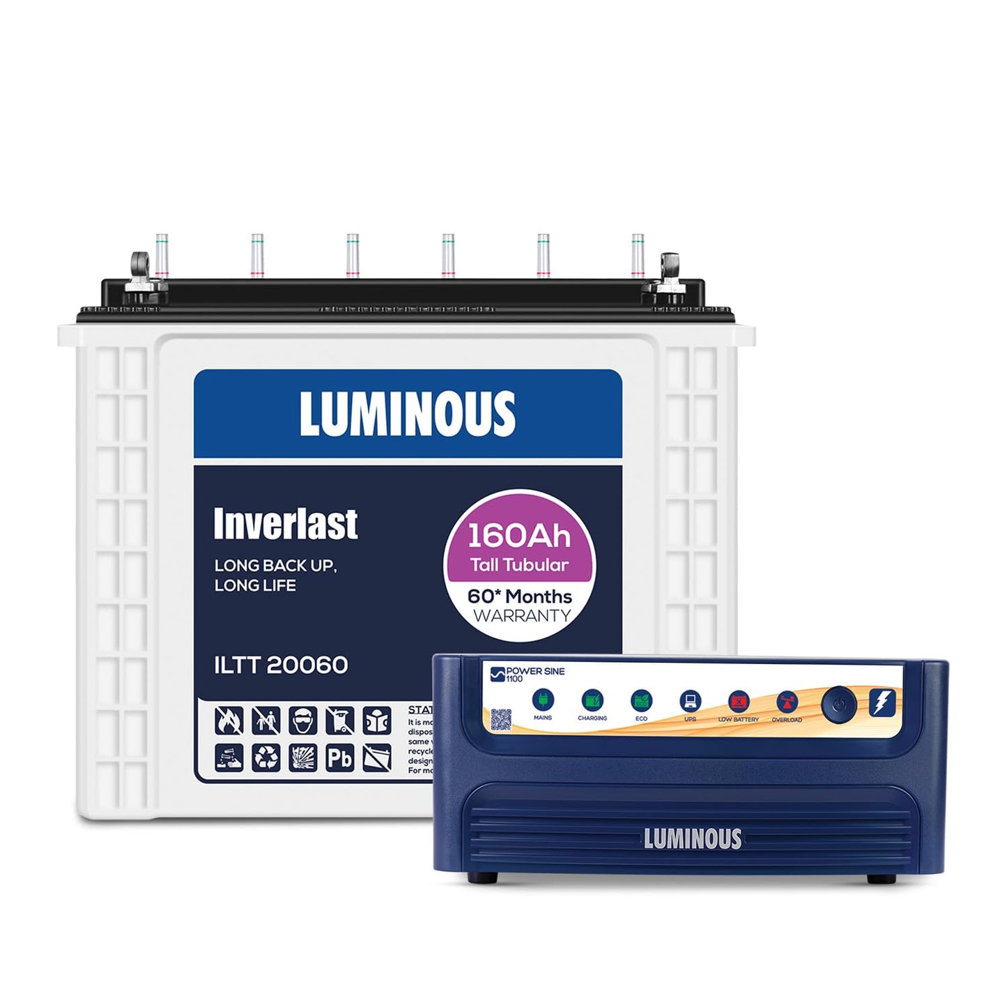 Luminous Inverter & Battery Combo (Power sine 1100 Pure Sine Wave 900VA/12V Inverter with ILTT20060 Tall Tubular 160Ah Battery) for Home, Office & Shops