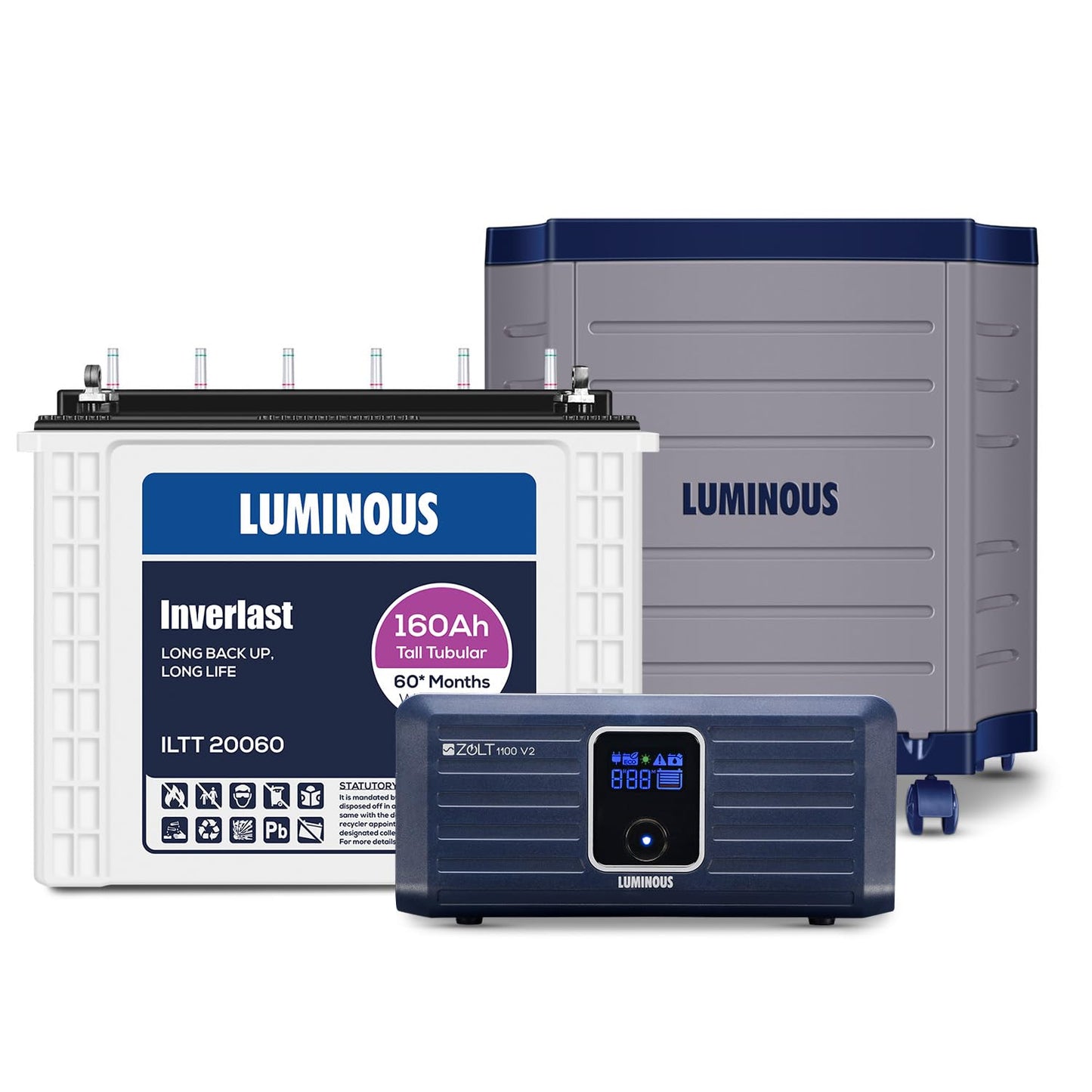 Luminous Inverter & Battery Combo (Zolt 1100 Pure Sine Wave 900VA/12V Inverter with ILTT20060 Tall Tubular 160Ah Battery + Trolley) for Home, Office & Shops