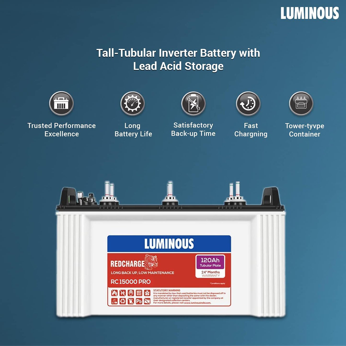 Luminous Inverter & Battery Combo for Home, Office & Shops (Eco Volt Neo 1050 Sine Wave Inverter, Red Charge 15000 PRO 120 Ah Tall Tubular Battery)