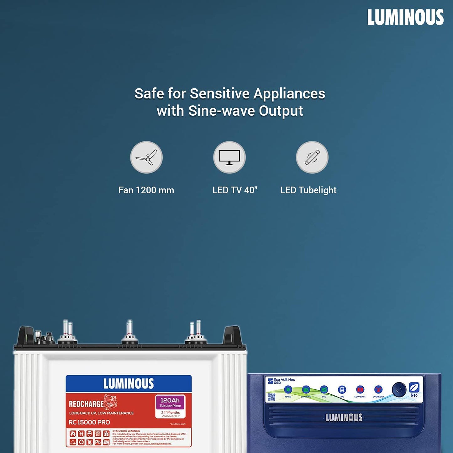 Luminous Inverter & Battery Combo for Home, Office & Shops (Eco Volt Neo 1050 Sine Wave Inverter, Red Charge 15000 PRO 120 Ah Tall Tubular Battery)