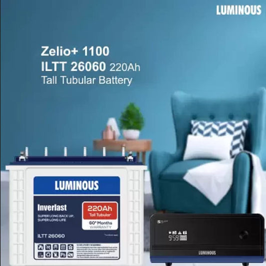 Luminous Inverlast ILTT26060 220Ah Tall Tubular Battery with Zelio+1100 Pure Sine Wave Inverter Tubular Inverter Battery (220Ah)