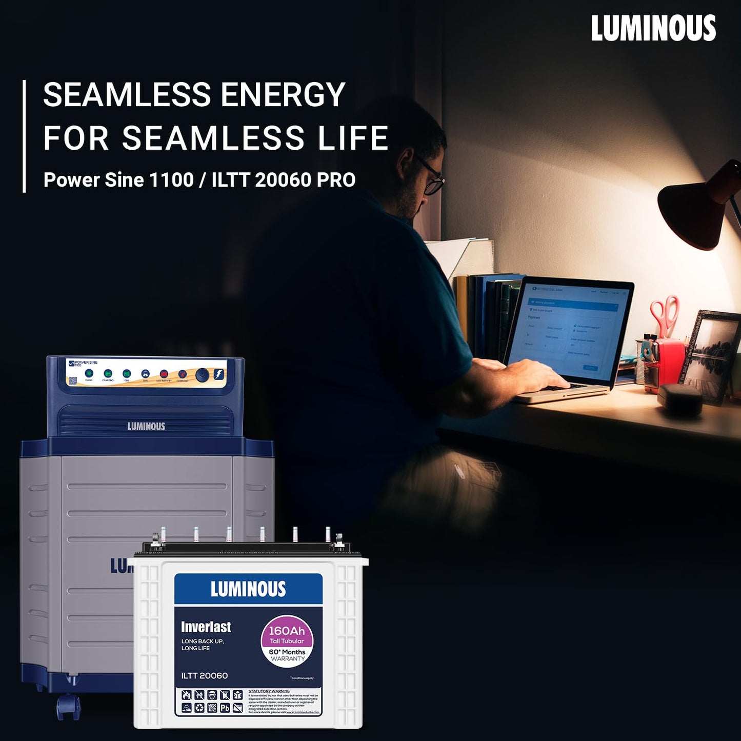 Luminous Inverter & Battery Combo (Power sine 1100 Pure Sine Wave 900VA/12V Inverter with ILTT20060 Tall Tubular 160Ah Battery + Trolley) for Home, Office & Shops