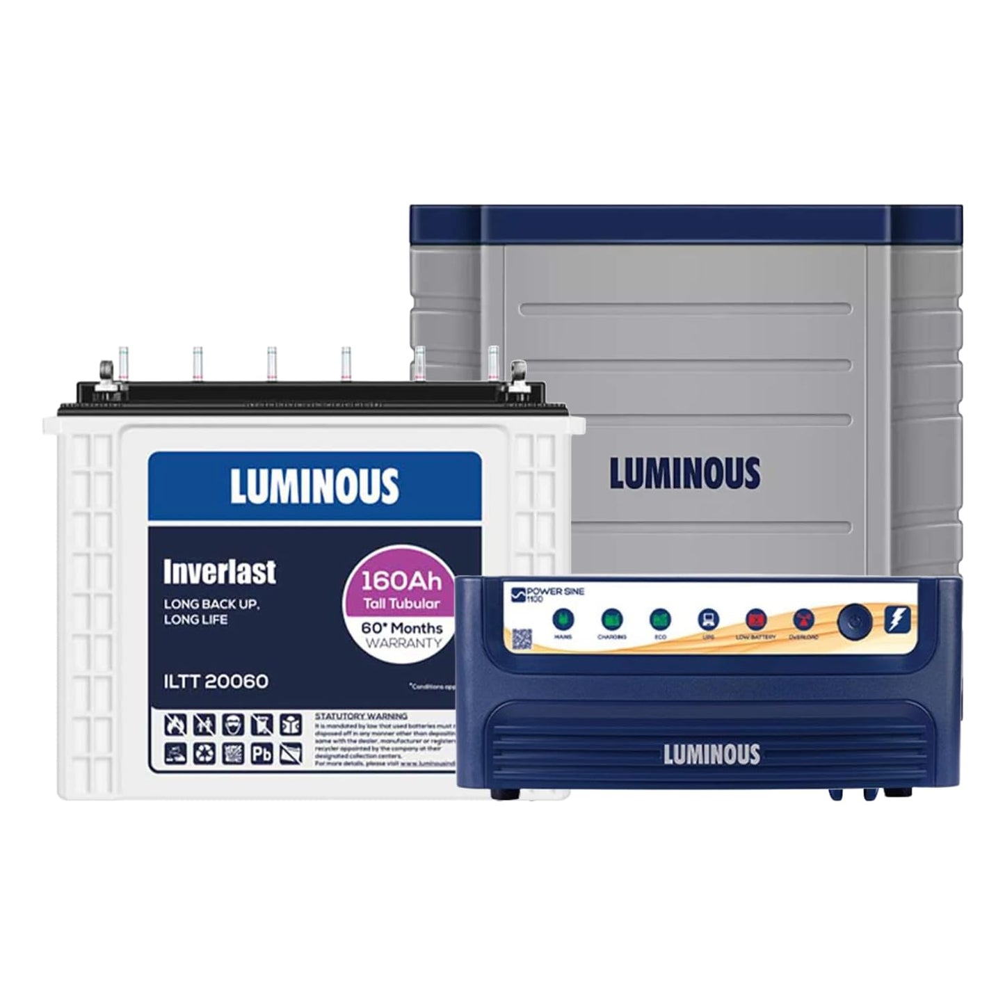 Luminous Inverter & Battery Combo (Power sine 1100 Pure Sine Wave 900VA/12V Inverter with ILTT20060 Tall Tubular 160Ah Battery + Trolley) for Home, Office & Shops
