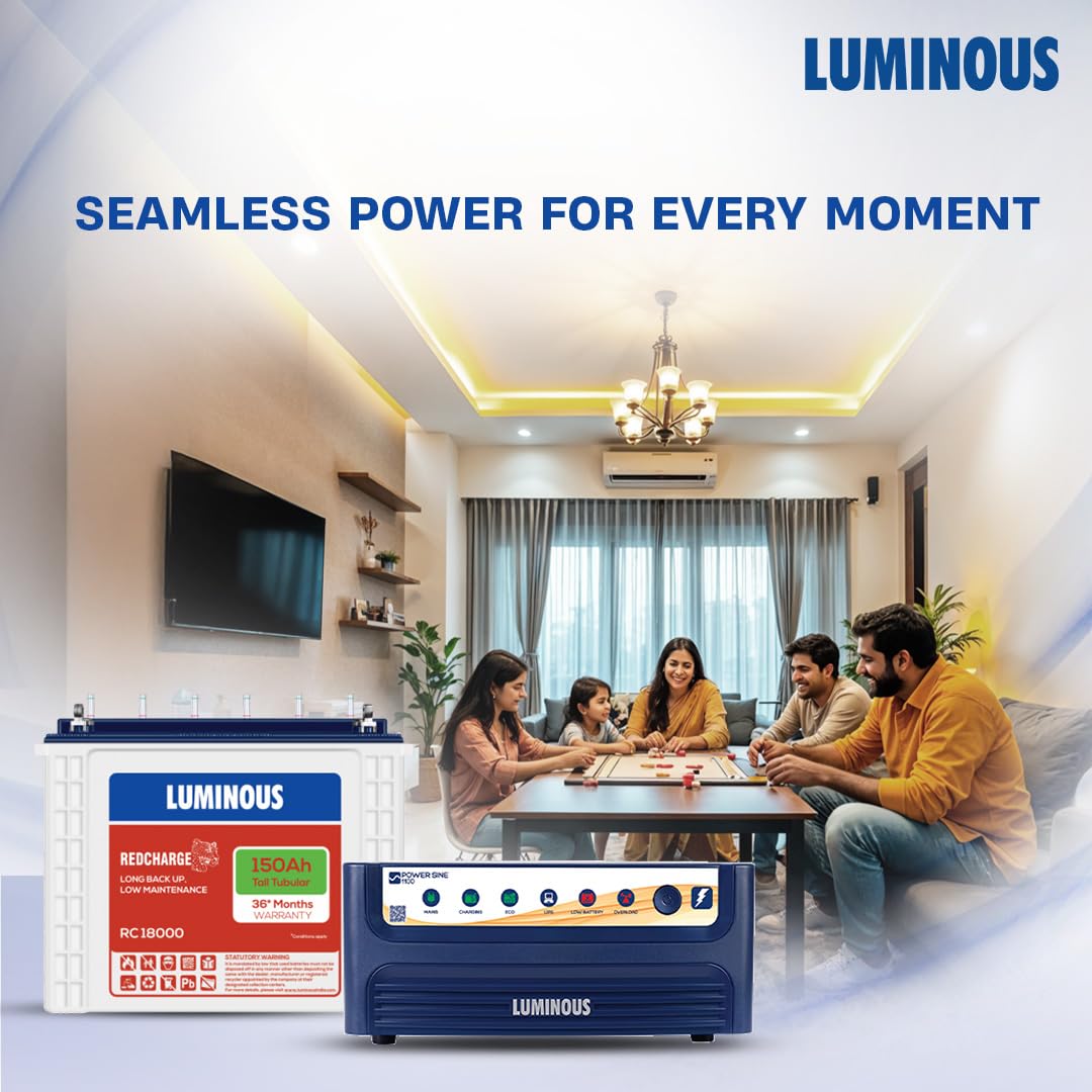 Luminous Inverter & Battery Combo for Home, Shop & Office – Power sine 1100 (900VA/12V) Pure Sine Wave Inverter + RC18000 150Ah Tall Tubular Battery | 36M Warranty on Inverter & Battery