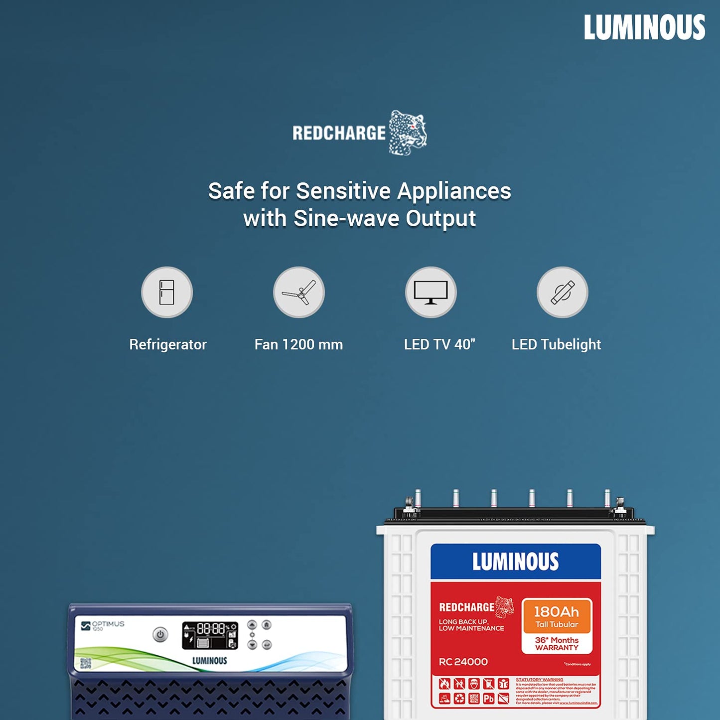Luminous Inverter & Battery Combo (Optimus 1250 Sine Wave 1100VA/12V Inverter with Red Charge RC 24000 Tall Tubular 180Ah Battery) for Home, Office & Shops