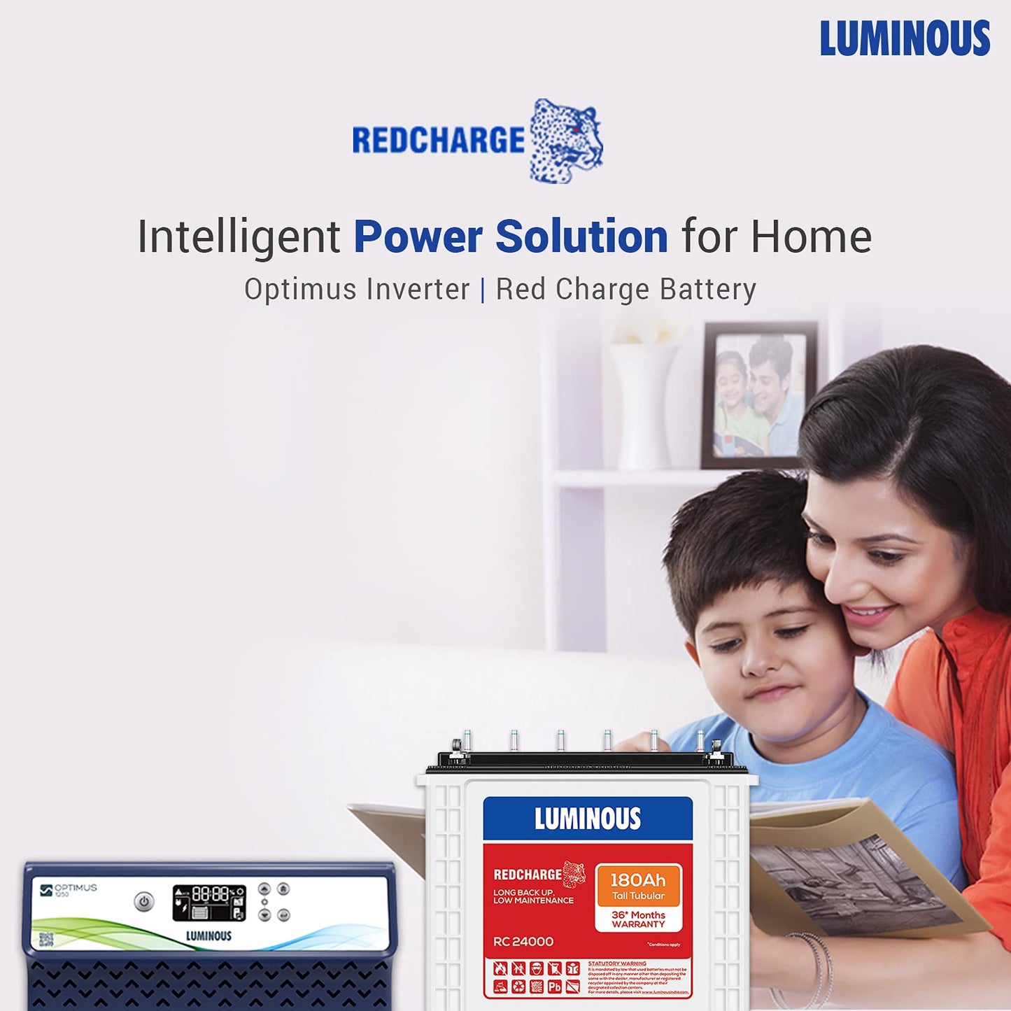 Luminous Inverter & Battery Combo (Optimus 1250 Sine Wave 1100VA/12V Inverter with Red Charge RC 24000 Tall Tubular 180Ah Battery) for Home, Office & Shops