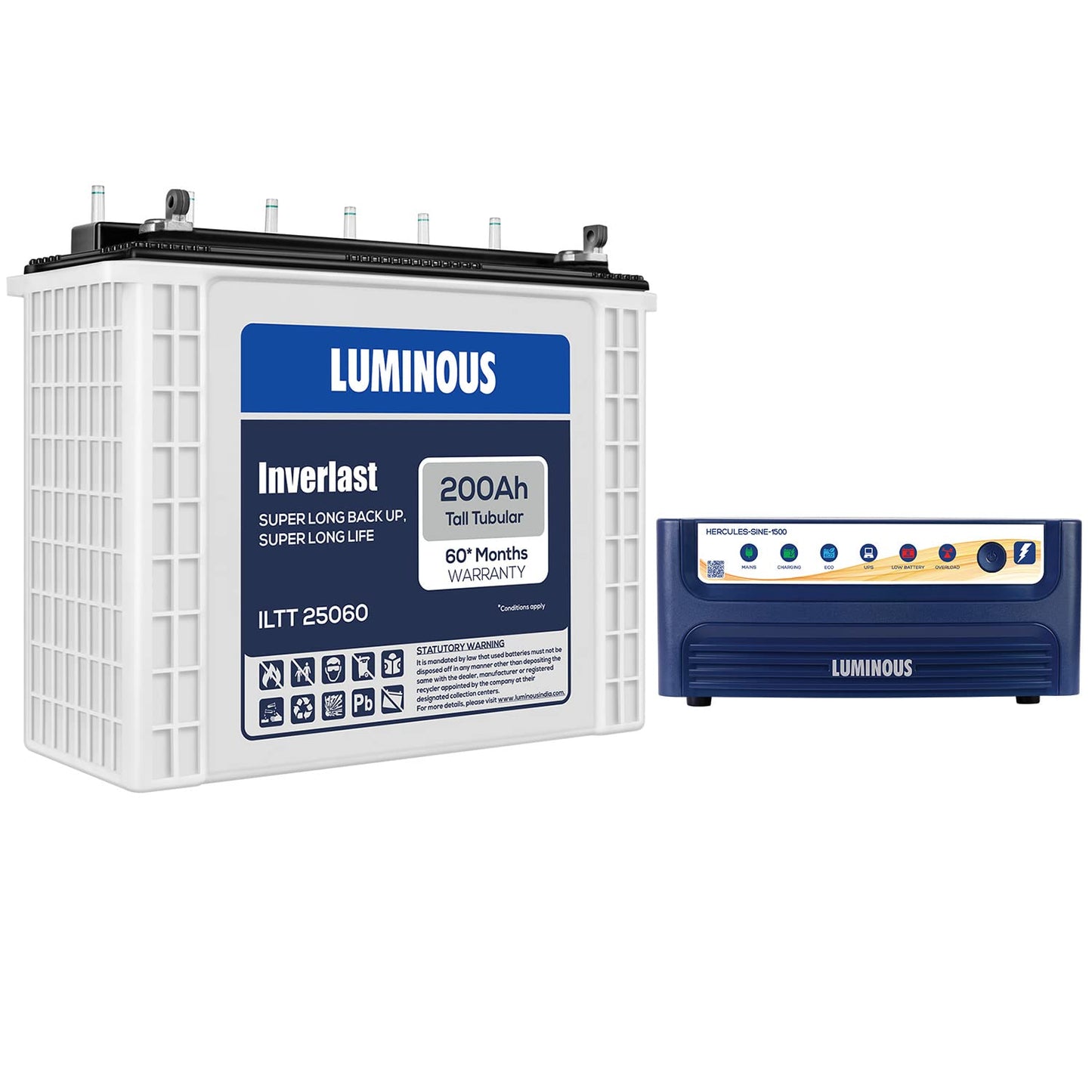 Luminous Inverter & Battery Combo (Hercules 1500 Pure Sine Wave 1400VA/12V Inverter with ILTT25060 Tall Tubular 200Ah Battery) for Home, Office & Shops