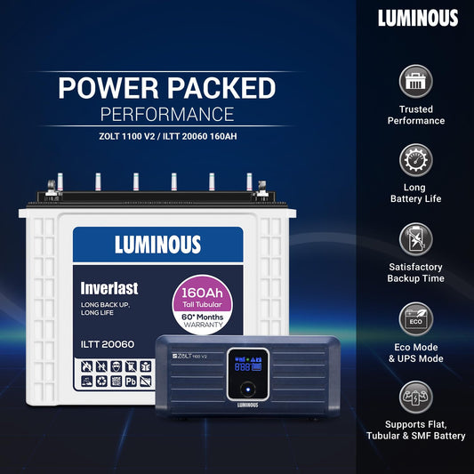 Luminous Inverter & Battery Combo (Zolt 1100 Pure Sine Wave 900VA/12V Inverter with ILTT 20060 Tall Tubular 160Ah Battery) for Home, Office & Shops