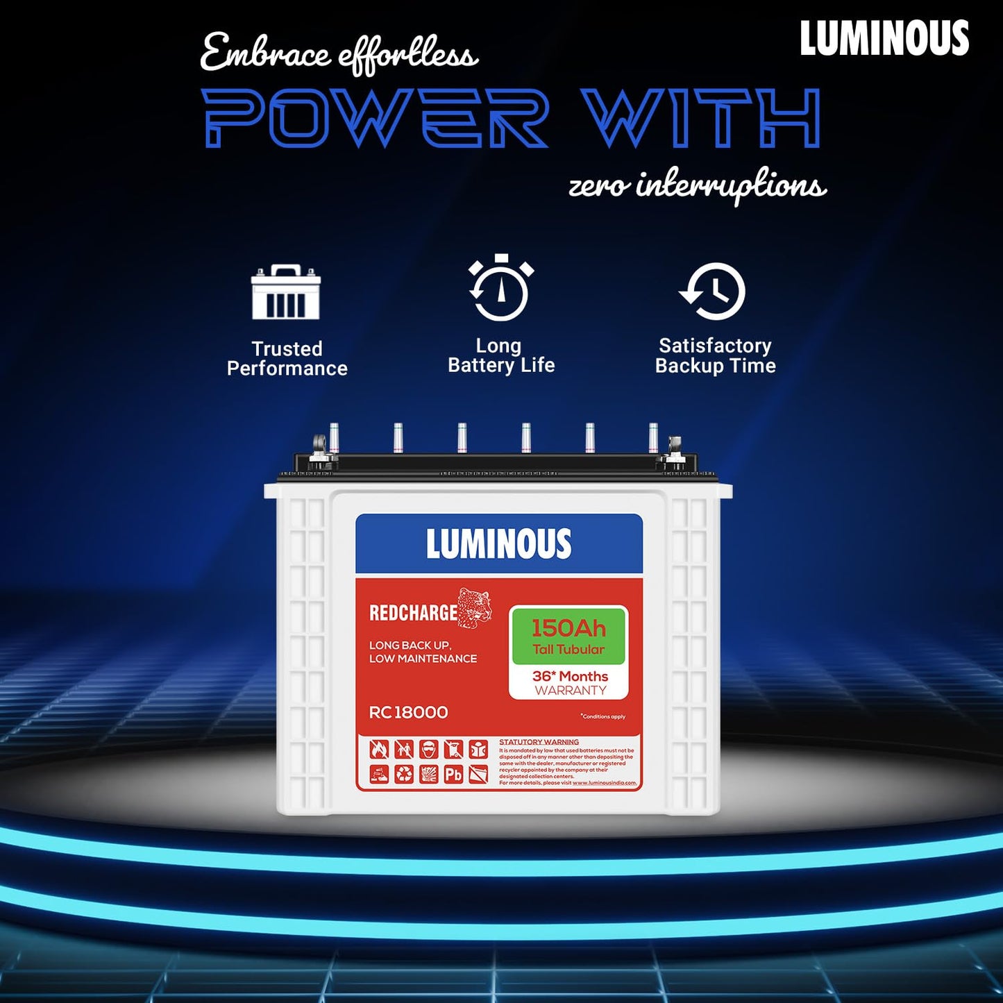 Luminous Inverter & Battery Combo (Power sine 800 Pure Sine Wave 700VA/12V Inverter with RC 18000 Tall Tubular 150Ah Battery + Trolley) for Home, Office & Shops