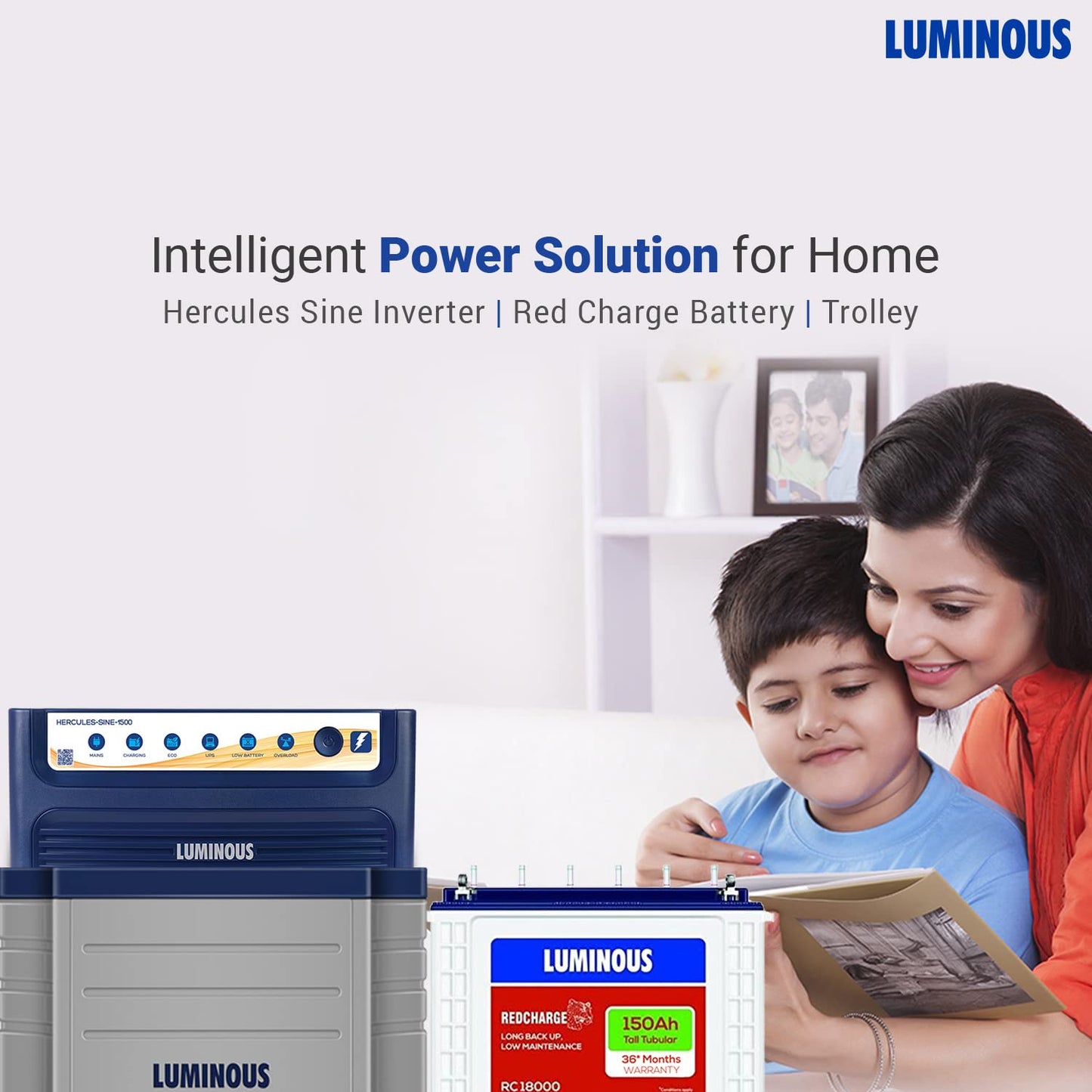 Luminous Inverter for Home, Office & Shop with Luminous Battery, Hercules 1500 Sine Wave 1400VA 12 Volt Inverter with Red Charge RC 18000 Tall Tubular 150 Ah Battery & Trolley Combo.