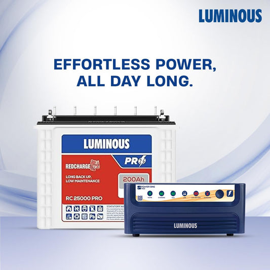 Luminous Inverter & Battery Combo (Power sine 1100 Pure Sine Wave 900VA/12V Inverter with Red Charge RC25000 PRO 200Ah Battery) for Home, Office & Shops