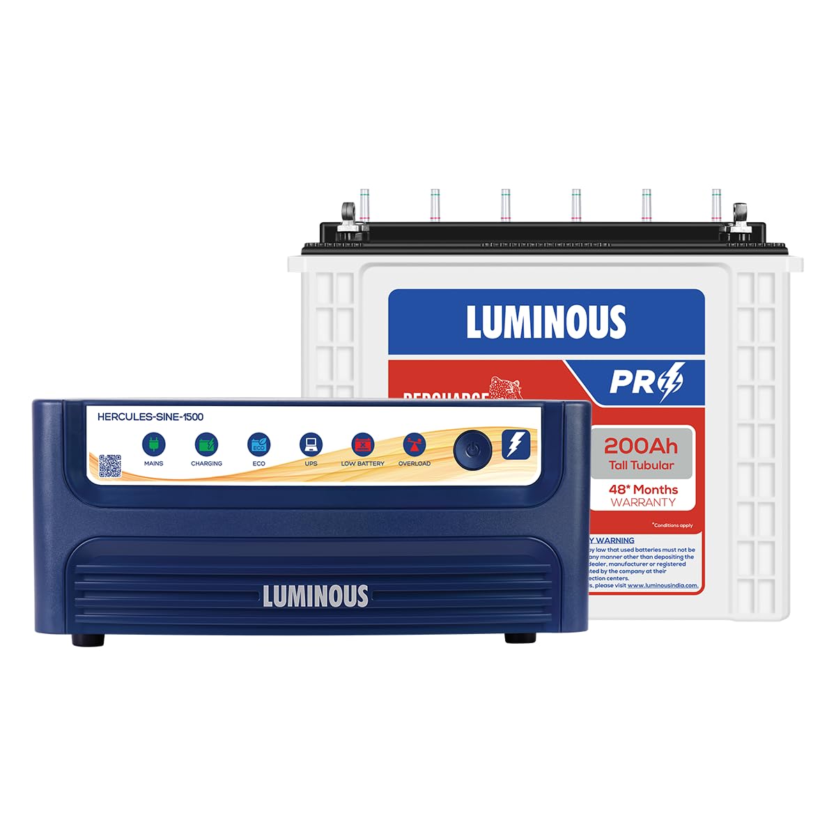 Luminous Inverter & Battery Combo (Hercules 1500 Pure Sine Wave 1400VA/12V Inverter with RC25000 PRO Tall Tubular 200Ah Battery) for Home, Office & Shops