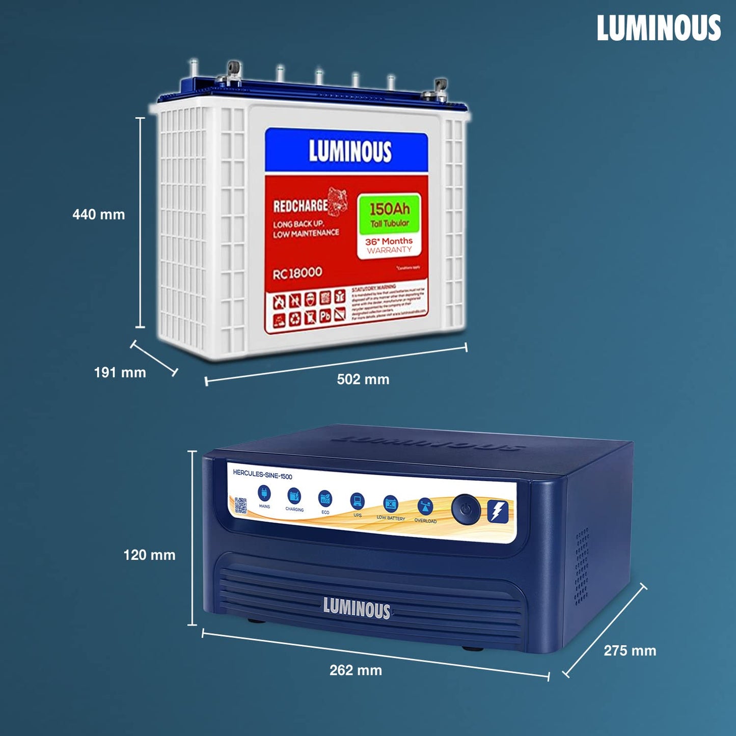 Luminous Inverter & Battery Combo for Home, Office & Shops (Hercules 1500 + RC 18000)
