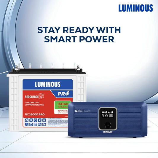 Luminous Inverter & Battery Combo (Zolt 1100 Pure Sine Wave 900VA/12V Inverter with RC18000 PRO Tall Tubular 150Ah Battery) for Home, Office & Shops