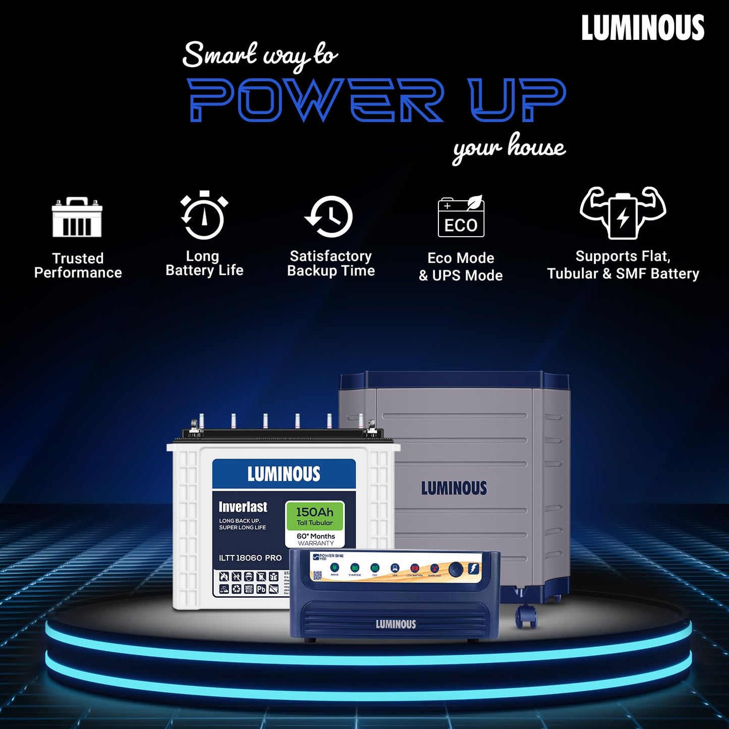Luminous Inverter & Battery Combo (Power sine 1100 Pure Sine Wave 900VA/12V Inverter with ILTT18060PRO Tall Tubular 150Ah Battery + Trolley) for Home, Office & Shops