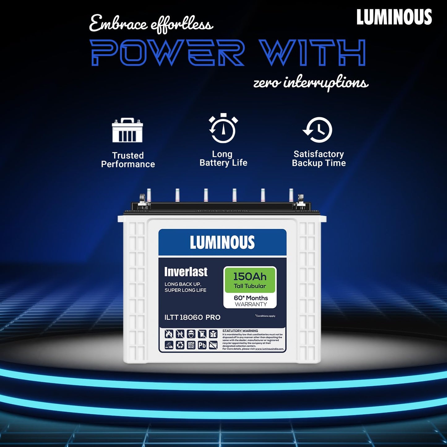 Luminous Inverter & Battery Combo (Power sine 1100 Pure Sine Wave 900VA/12V Inverter with ILTT18060PRO Tall Tubular 150Ah Battery + Trolley) for Home, Office & Shops