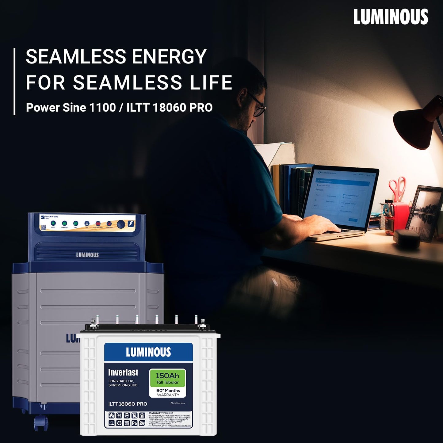 Luminous Inverter & Battery Combo (Power sine 1100 Pure Sine Wave 900VA/12V Inverter with ILTT18060PRO Tall Tubular 150Ah Battery + Trolley) for Home, Office & Shops