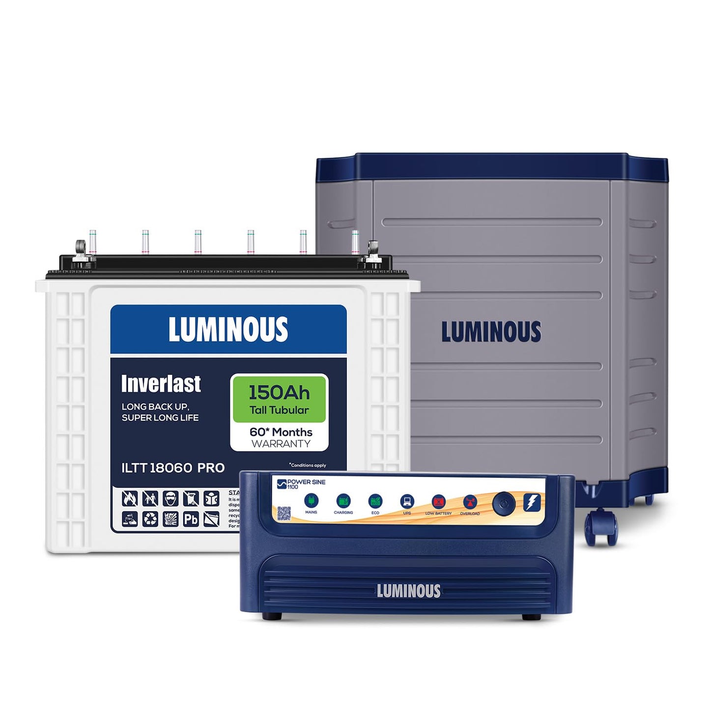 Luminous Inverter & Battery Combo (Power sine 1100 Pure Sine Wave 900VA/12V Inverter with ILTT18060PRO Tall Tubular 150Ah Battery + Trolley) for Home, Office & Shops