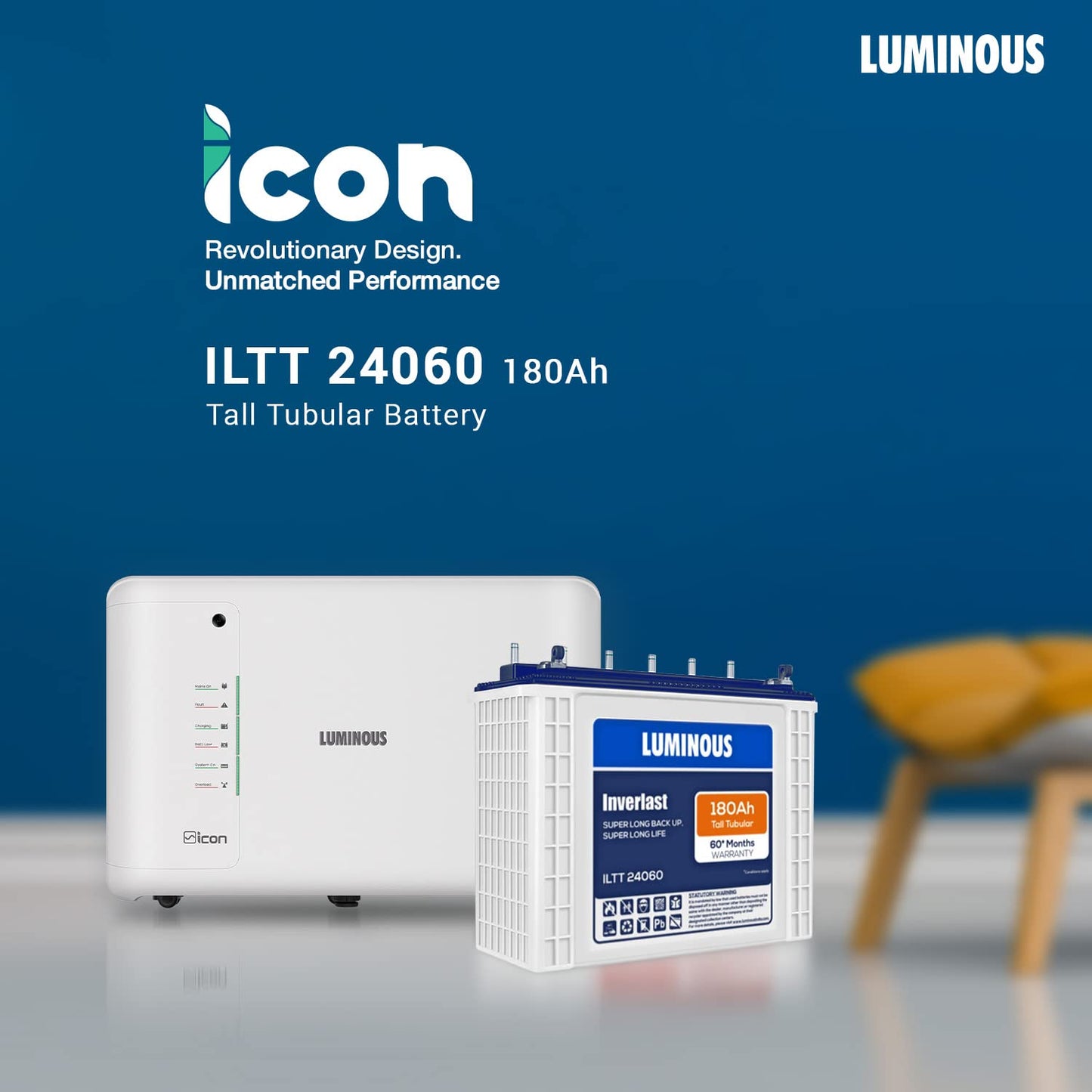Luminous Inverter for Home, Office & Shop with Luminous Battery, Icon 1600 Pure Sine Wave 1400VA 12 Volt Inverter with ILTT 24060 Tall Tubular 180 Ah Battery Combo