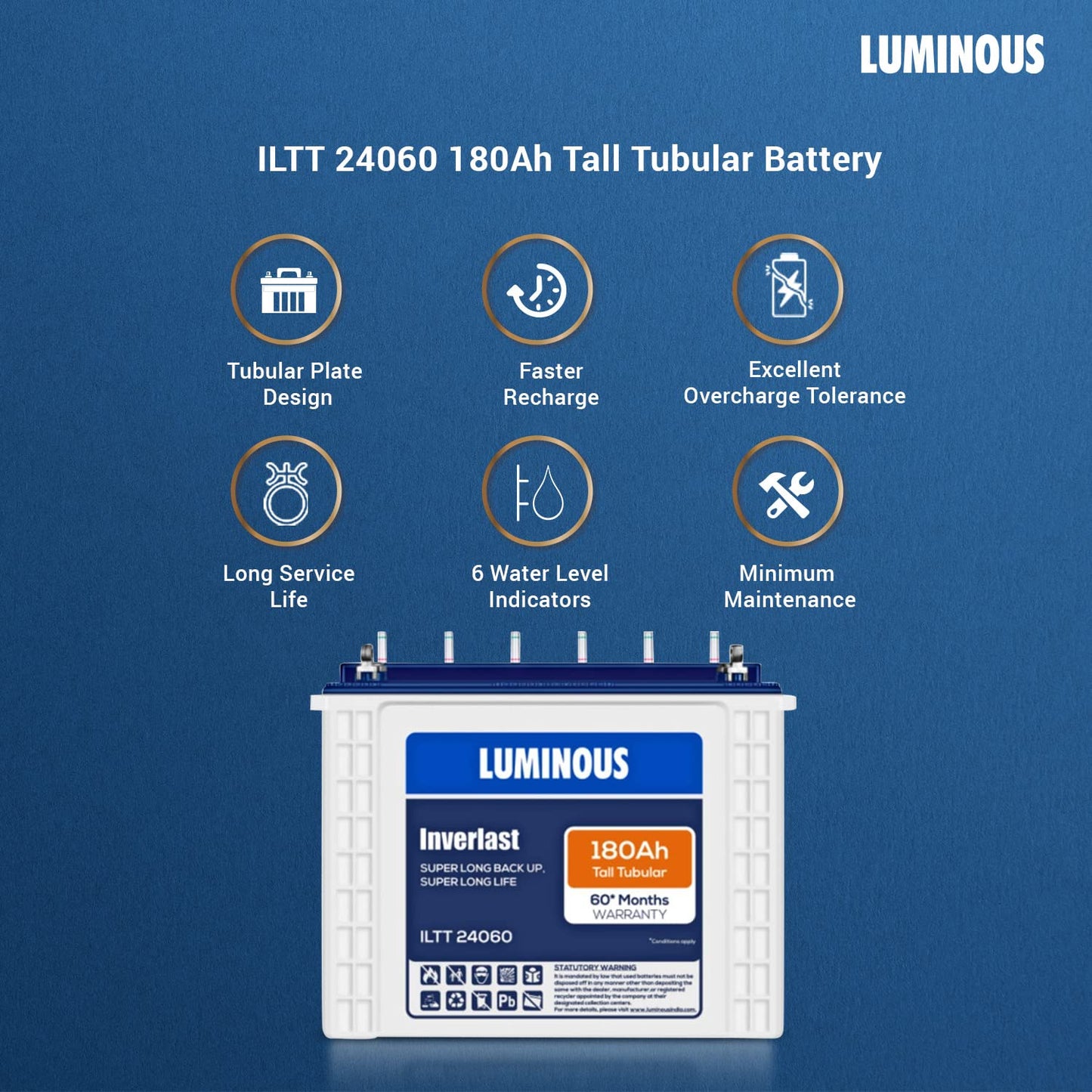 Luminous Inverter for Home, Office & Shop with Luminous Battery, Icon 1600 Pure Sine Wave 1400VA 12 Volt Inverter with ILTT 24060 Tall Tubular 180 Ah Battery Combo