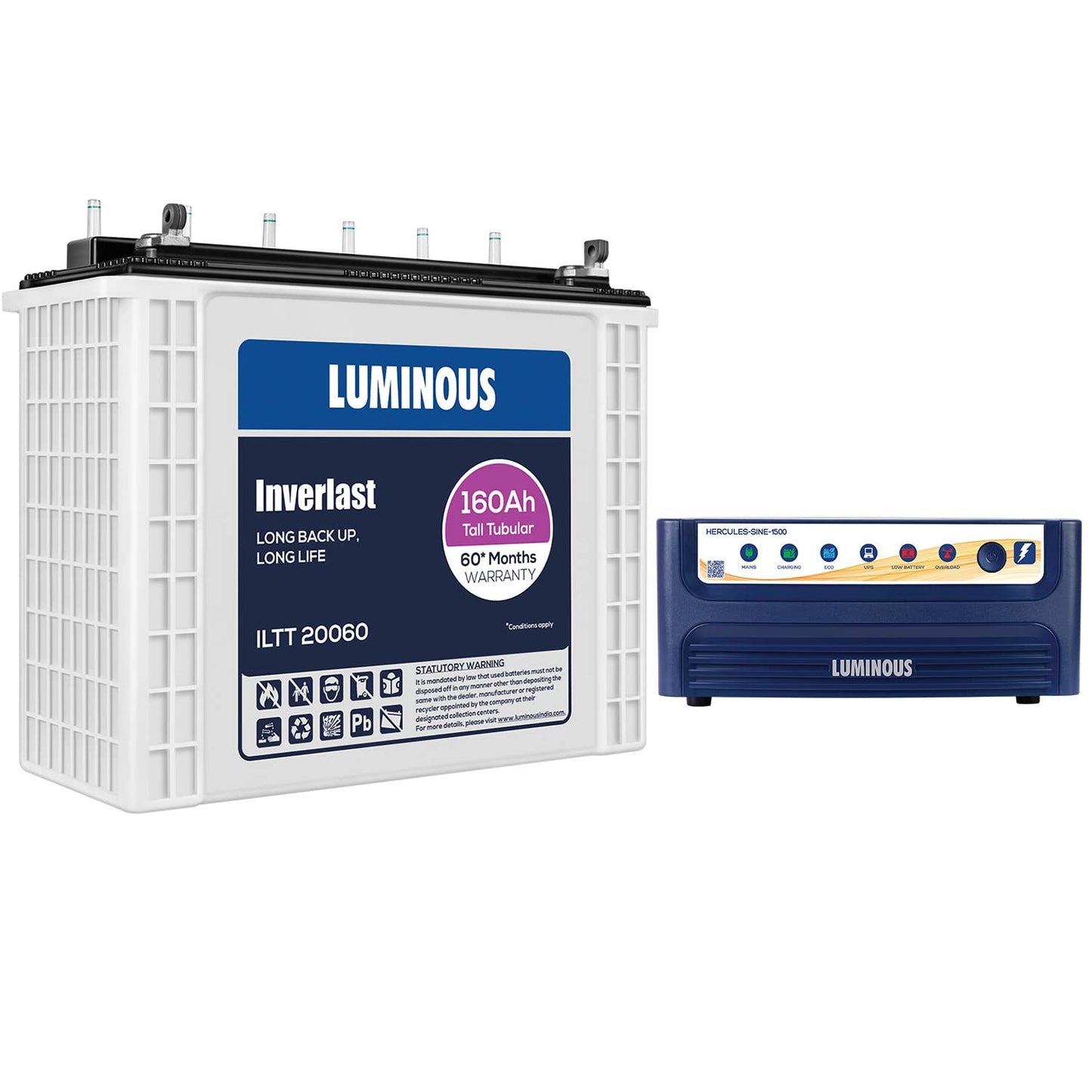 Luminous Inverter & Battery Combo (Hercules 1500 Pure Sine Wave 1400VA/12V Inverter with ILTT24060 Tall Tubular 180Ah Battery + Trolley) for Home, Office & Shops