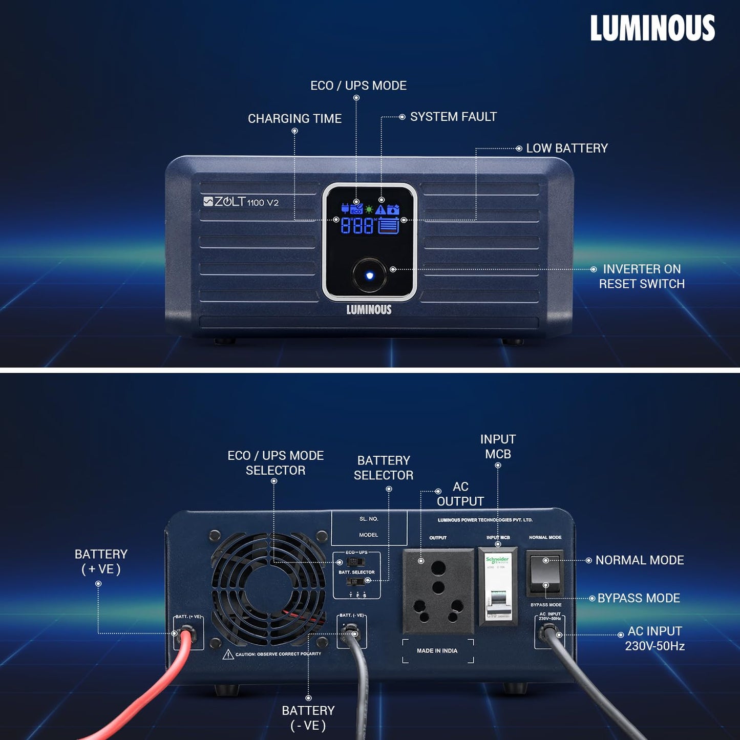 Luminous Inverter & Battery Combo with Trolley (Hercules 1600 Square Wave 1500VA/12V Inverter with ILTT28060 Tall Tubular 250Ah Battery) for Home, Office & Shops