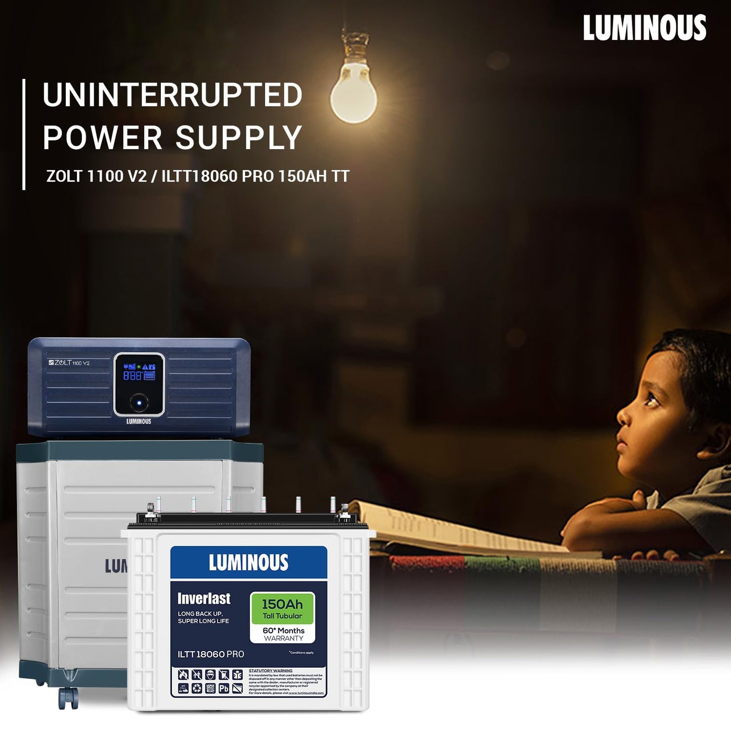 Luminous Inverter & Battery Combo with Trolley (Hercules 1600 Square Wave 1500VA/12V Inverter with ILTT28060 Tall Tubular 250Ah Battery) for Home, Office & Shops