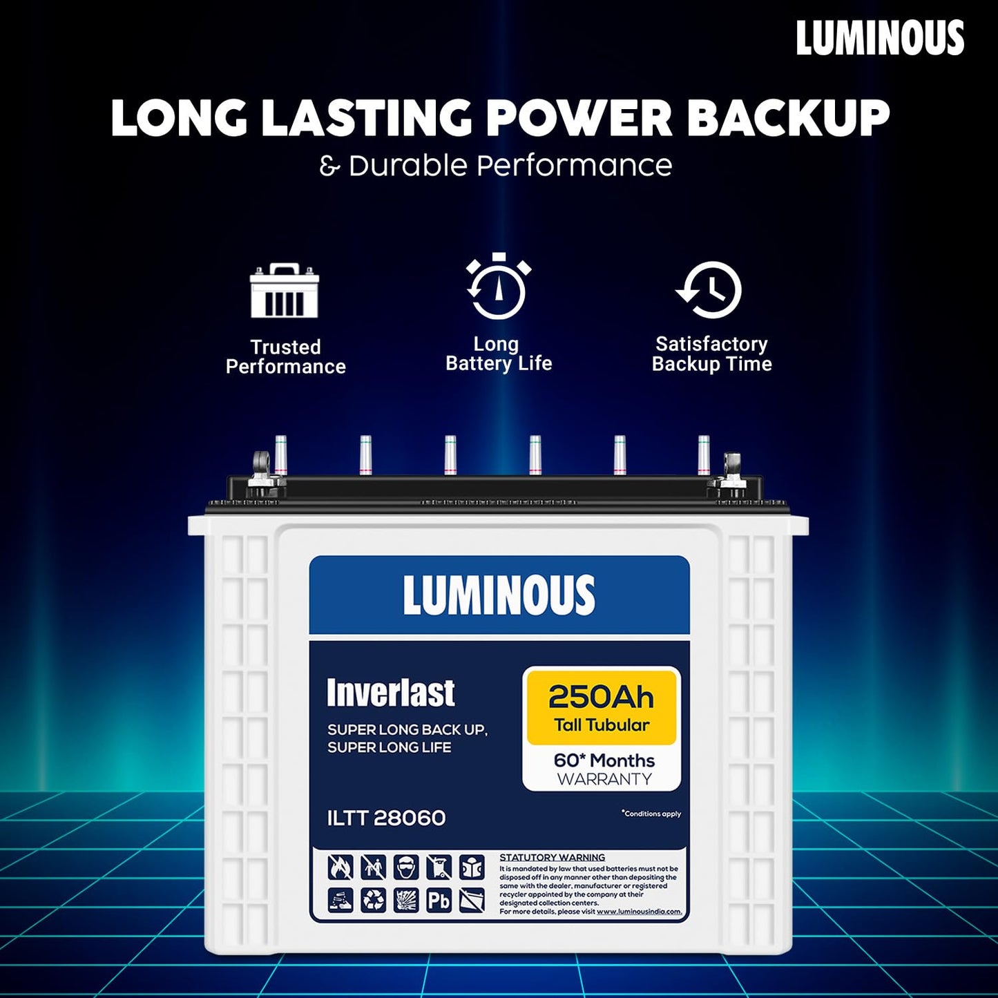 Luminous Inverter & Battery Combo with Trolley (Hercules 1600 Square Wave 1500VA/12V Inverter with ILTT28060 Tall Tubular 250Ah Battery) for Home, Office & Shops