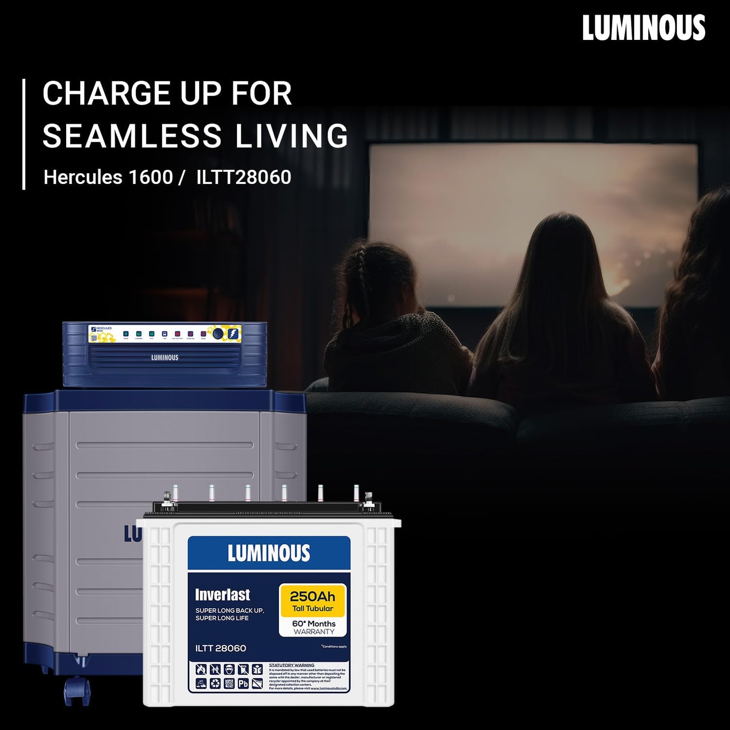 Luminous Inverter & Battery Combo with Trolley (Hercules 1600 Square Wave 1500VA/12V Inverter with ILTT28060 Tall Tubular 250Ah Battery) for Home, Office & Shops