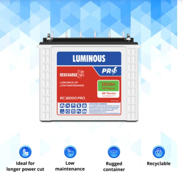 Luminous Inverter & Battery Combo (Zelio1100 Pure Sine Wave 900VA/12V Inverter with Red Charge RC18000 PRO 150Ah Battery) for Home, Office & Shops