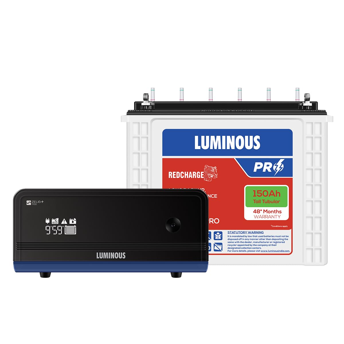 Luminous Inverter & Battery Combo (Zelio1100 Pure Sine Wave 900VA/12V Inverter with Red Charge RC18000 PRO 150Ah Battery) for Home, Office & Shops