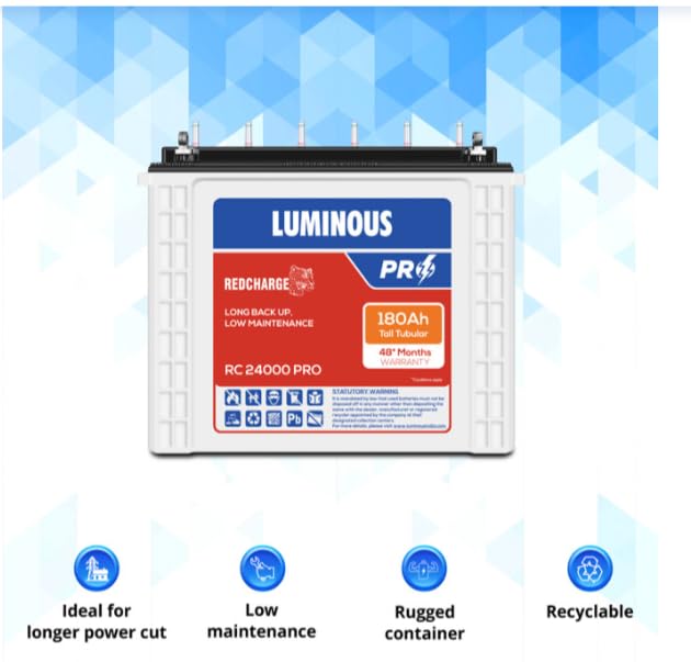 Luminous Inverter & Battery Combo (Zelio1100 Pure Sine Wave 900VA/12V Inverter with Red Charge RC24000 PRO 180Ah Battery) for Home, Office & Shops