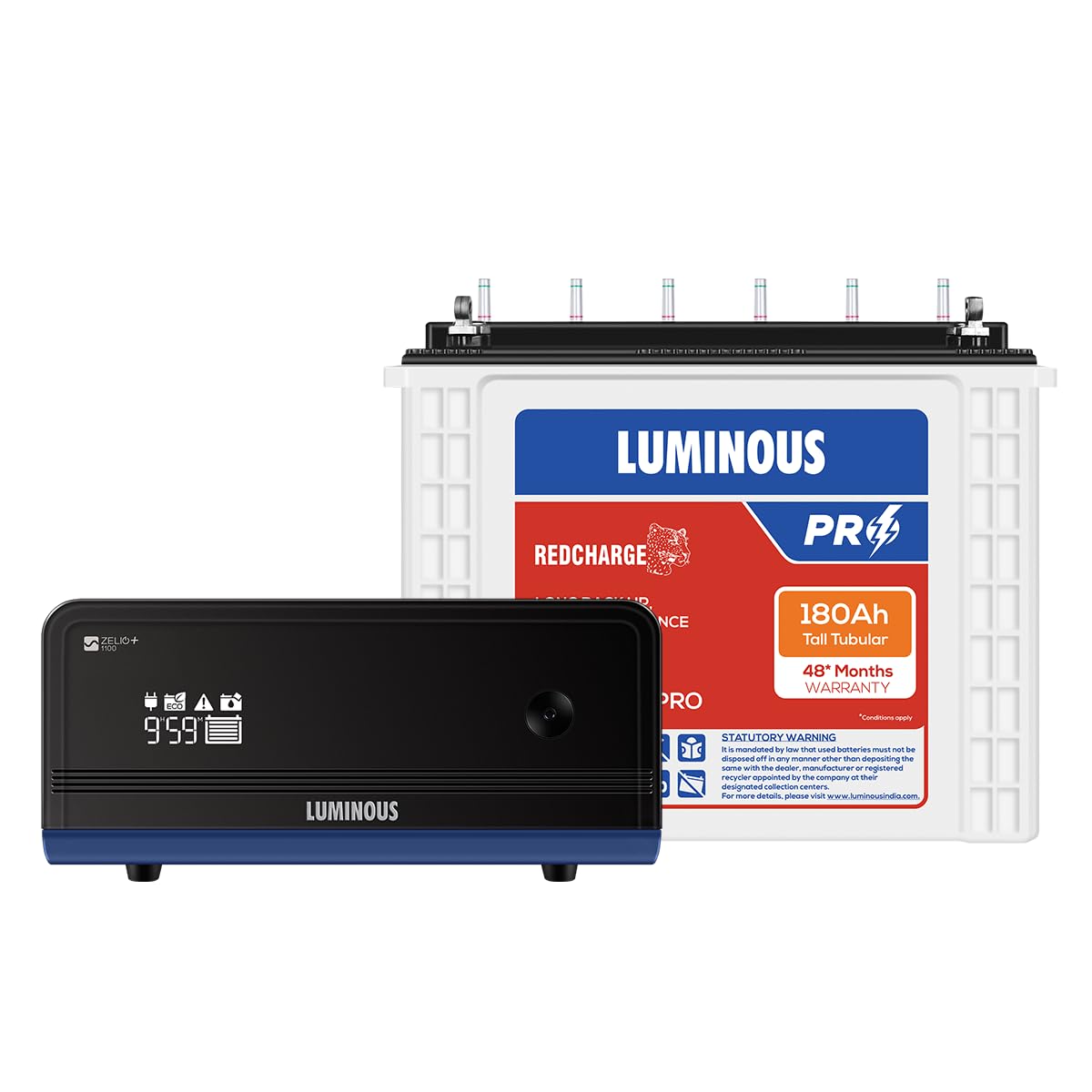 Luminous Inverter & Battery Combo (Zelio1100 Pure Sine Wave 900VA/12V Inverter with Red Charge RC24000 PRO 180Ah Battery) for Home, Office & Shops