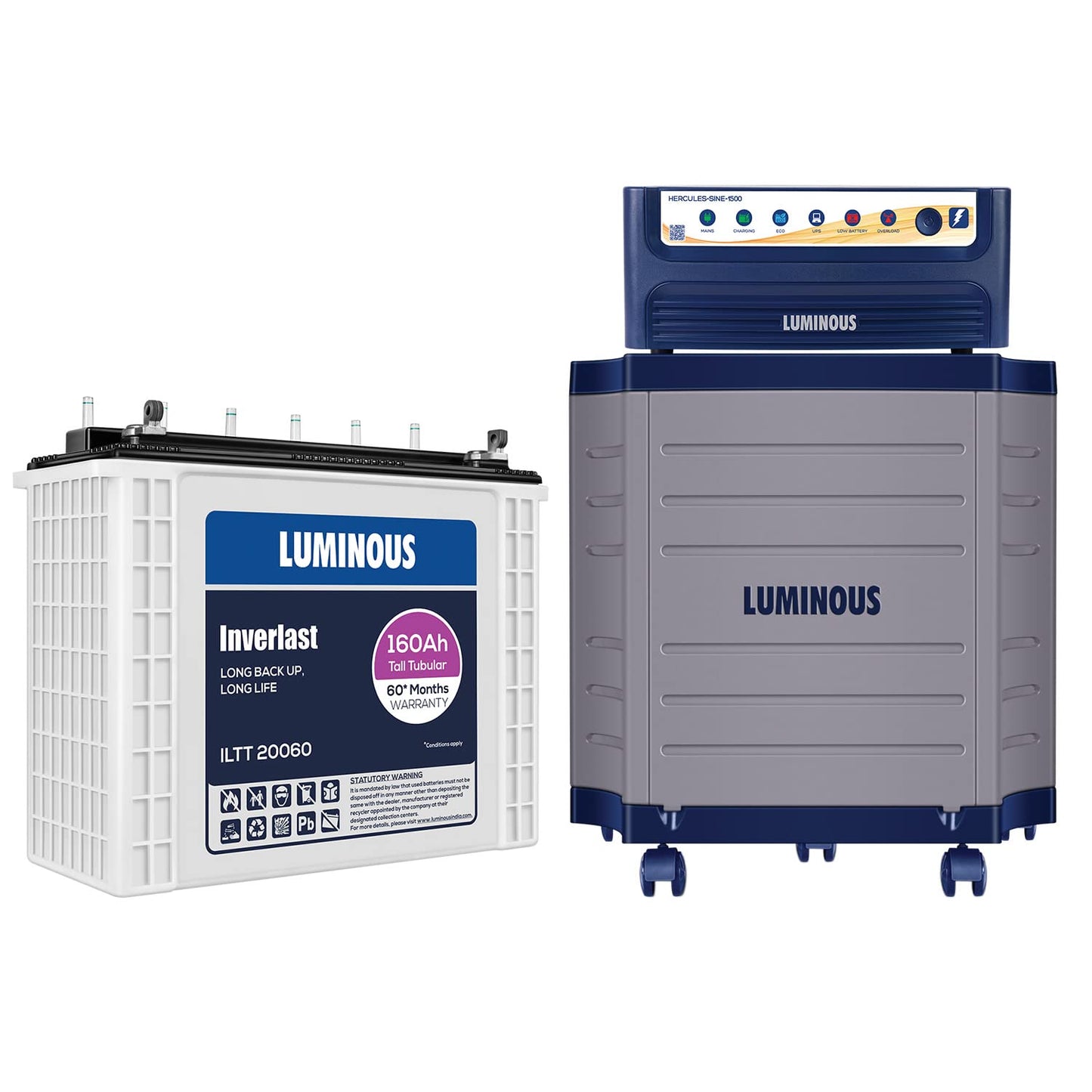 Luminous Inverter & Battery Combo (Hercules 1500 Pure Sine Wave 1400VA/12V Inverter with ILTT20060 Tall Tubular 160Ah Battery + Trolley) for Home, Office & Shops