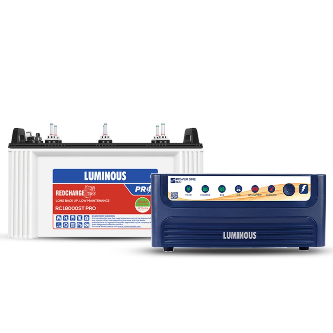Luminous Inverter & Battery Combo (Power sine 800 Pure Sine Wave 700VA/12V Inverter with Red Charge RC18000ST PRO 150Ah Battery) for Home, Office & Shops